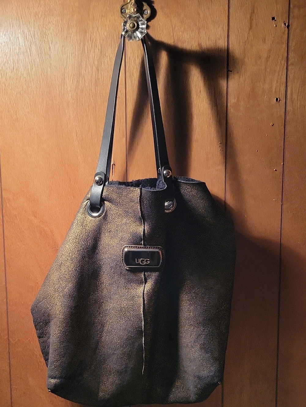 UGG Metallic Bronze-Black Shoulder Tote Shearling Leather